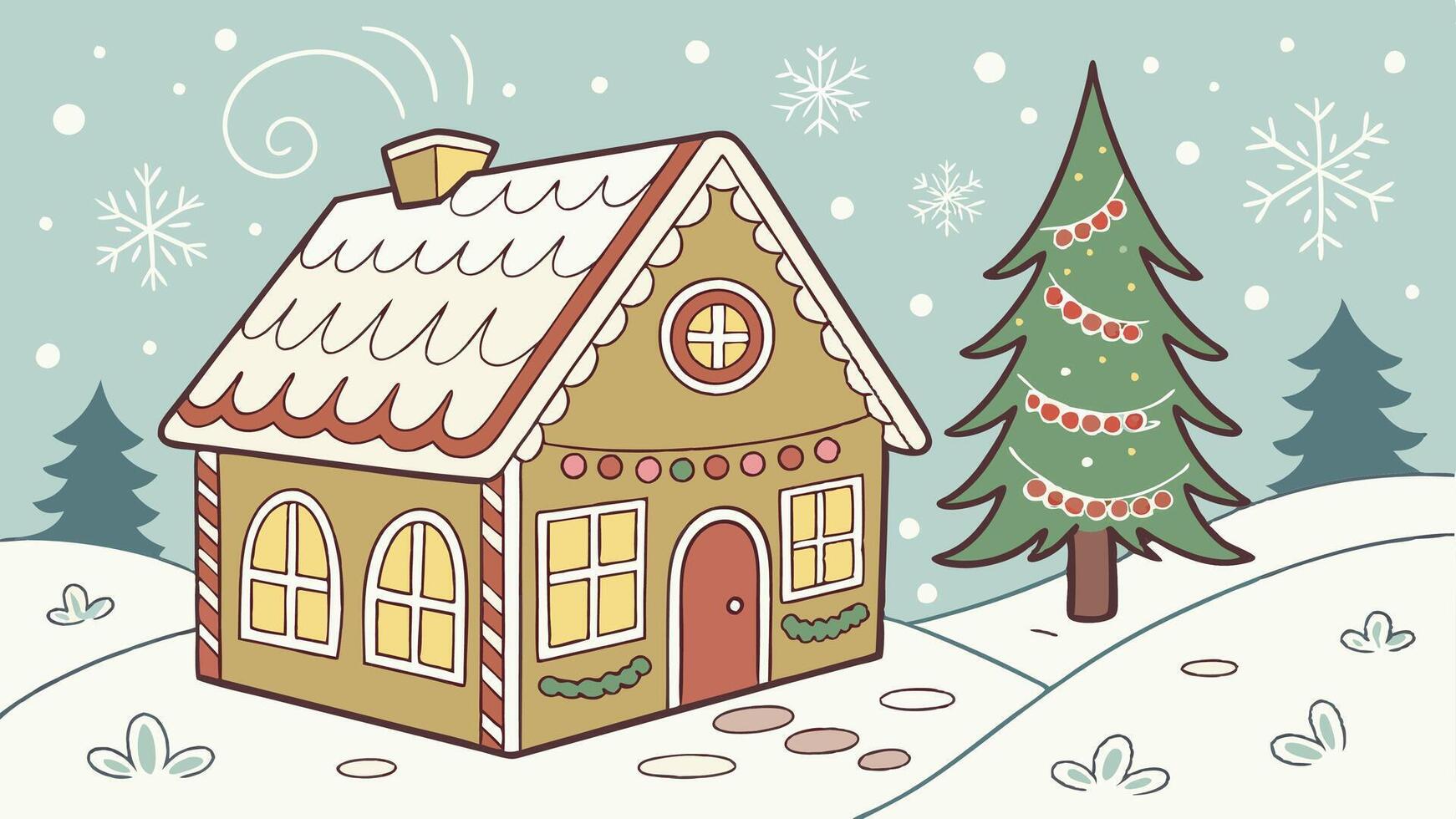 Christmas house made from ginger cookies with in Christmas spirit with tree in background vector