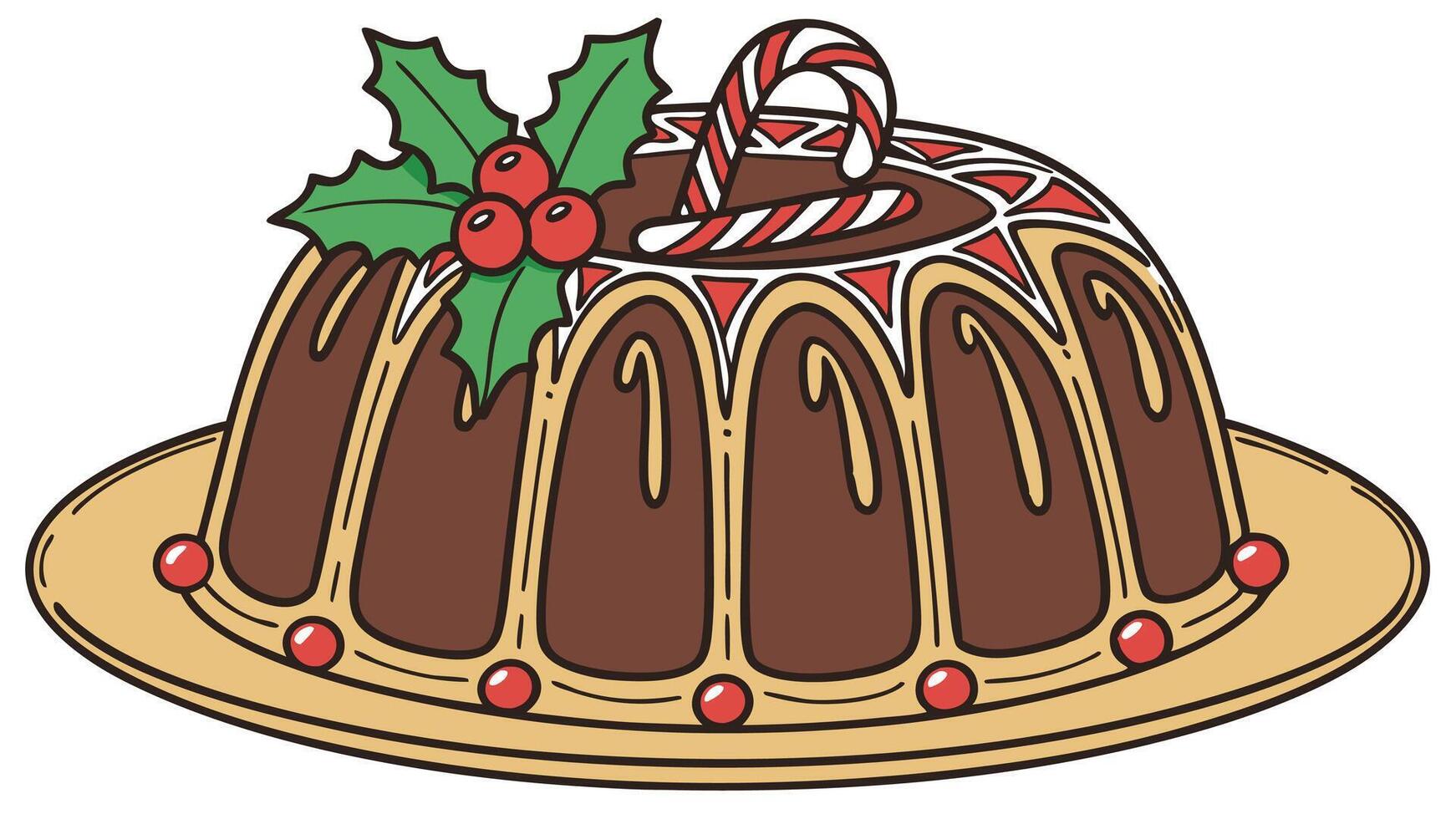 Christmas chocolate bundt cake on a golden cake plate vector