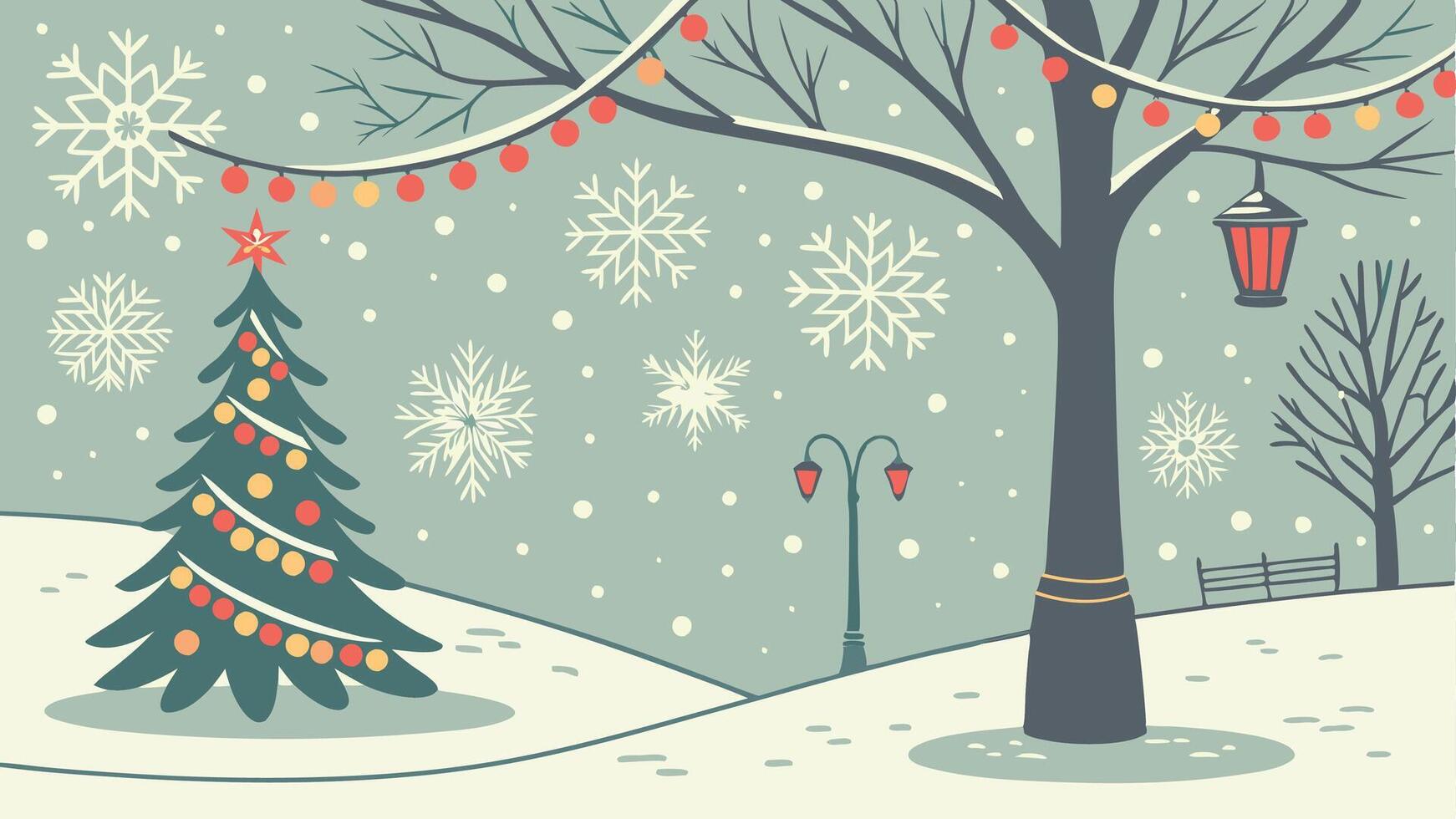 Christmas tree and snow covered street with lights vector