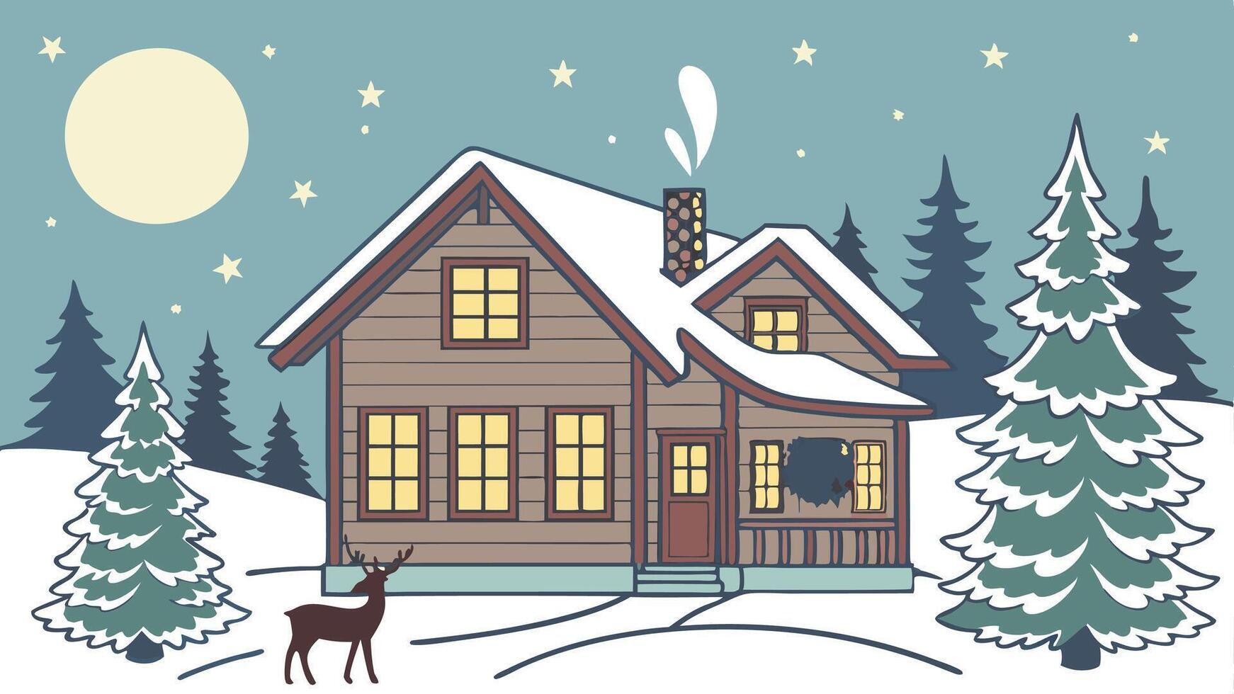 Christmas illustration with a house. Christmas trees. deers. the moon and stars. image vector