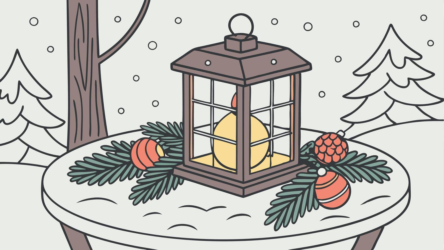 Christmas Lantern On Snowy Table With Fir Branches And Ornaments vector