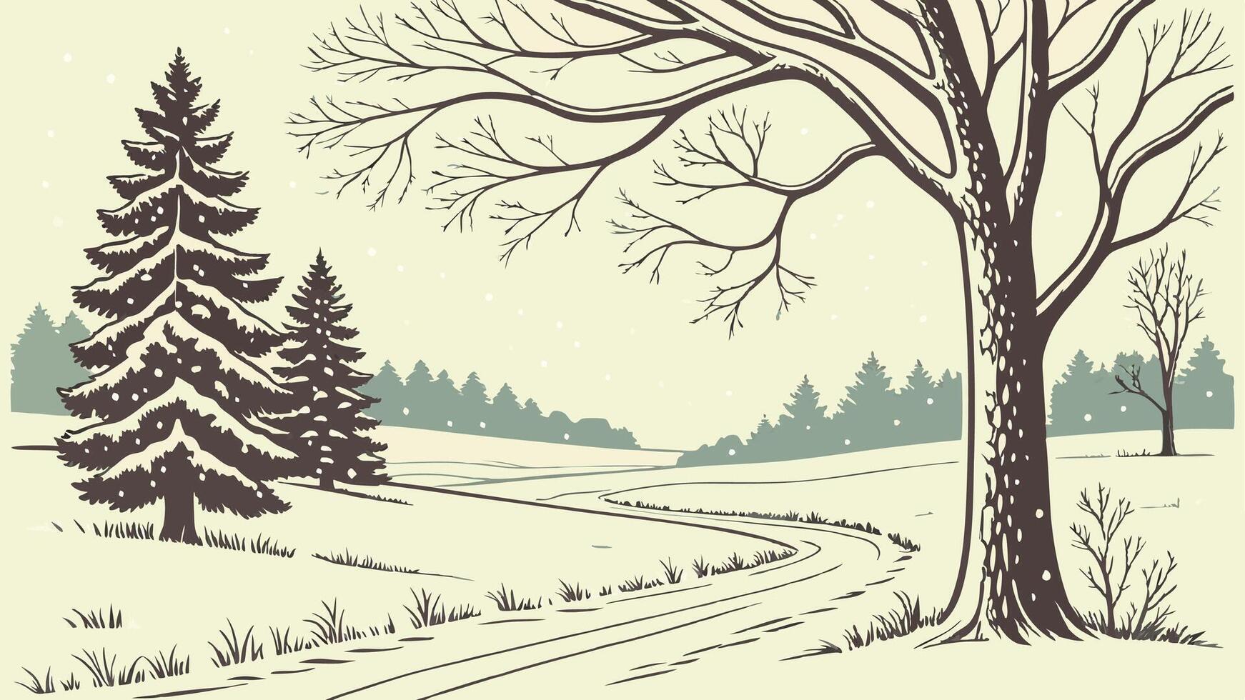 Christmas card background vintage nostalgic a snowy landscape with trees and a snow covered field vector
