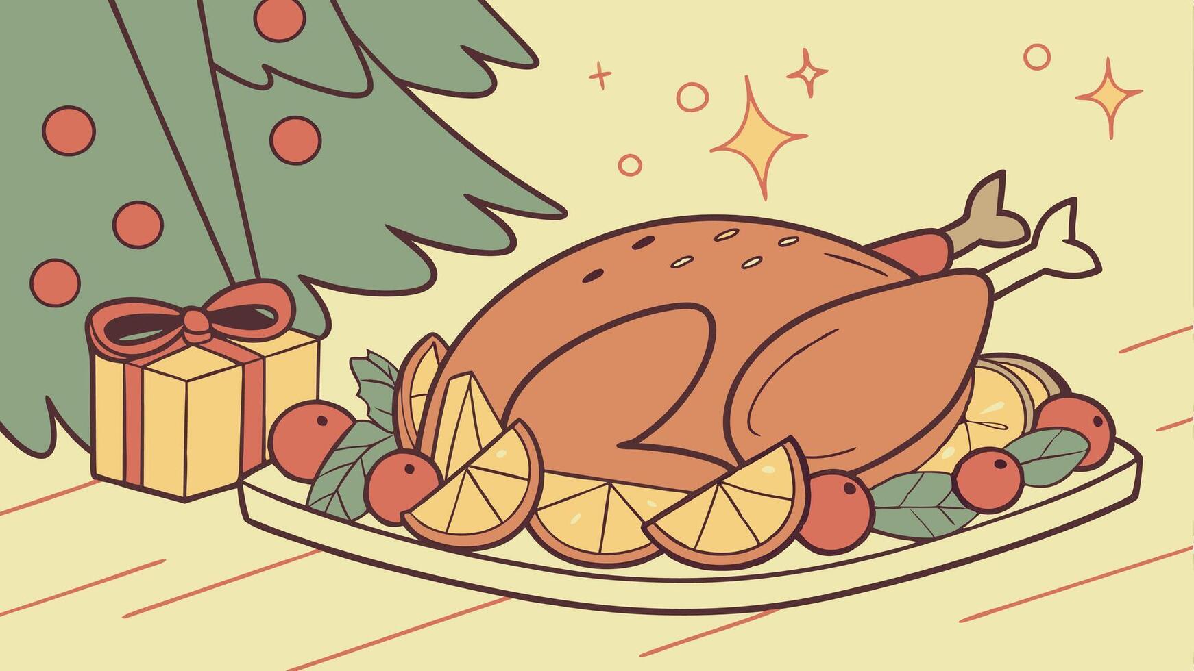 Christmas fried cooked duck with fruits and potatoes on a stewed background. christmas concept vector