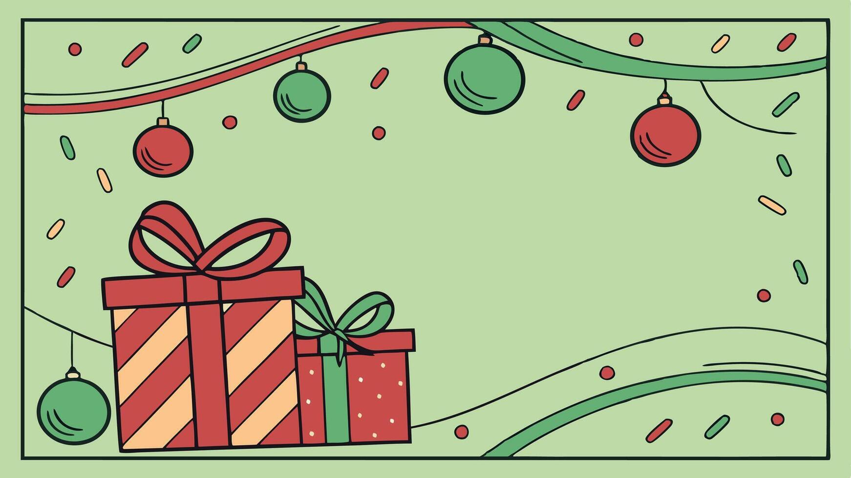 Christmas frame with gift boxes. holaday decorations and confetti on green background. vector