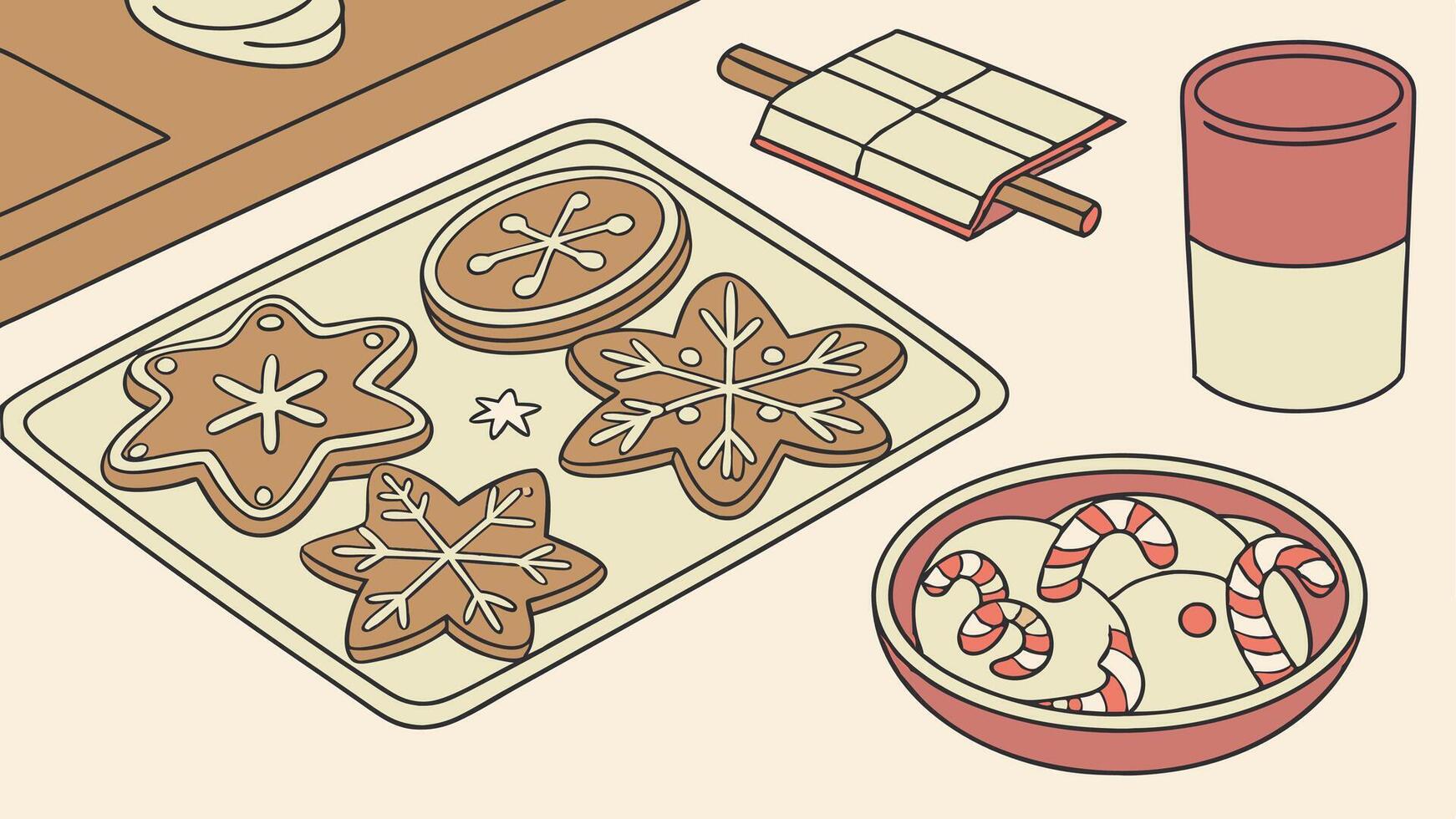 Christmas gingerbread cookies on the table. plate of freshly baked gingerbread. vector