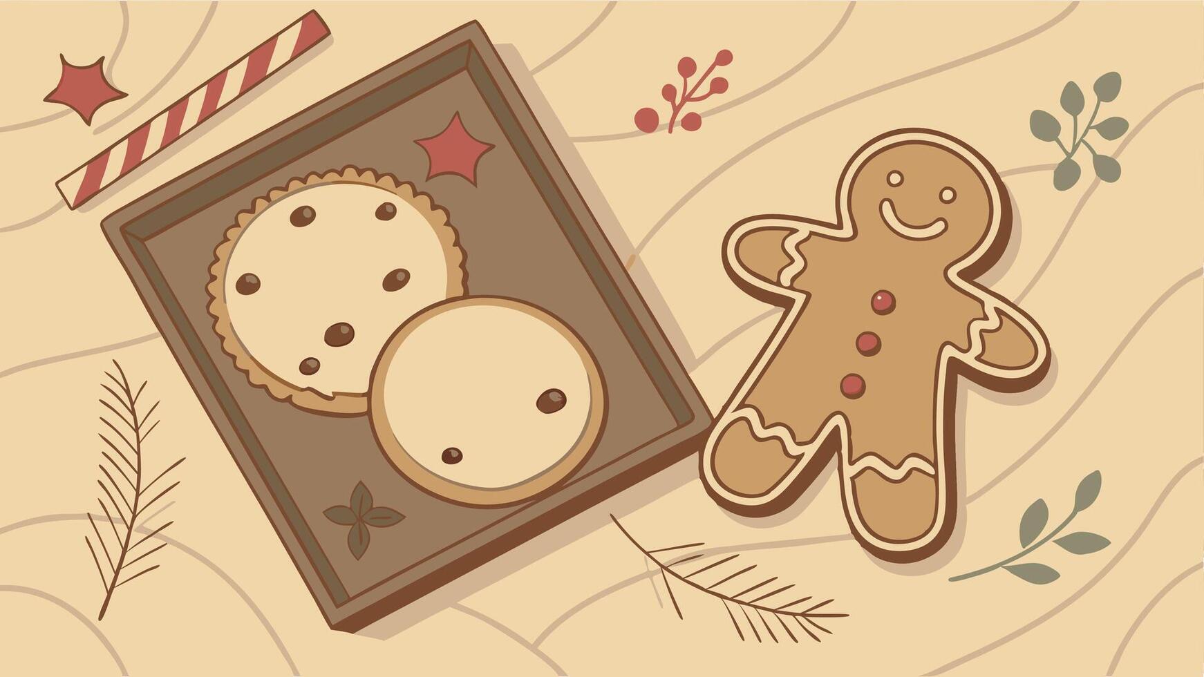 Christmas composition. frame with ginger snap. cookie and gingerbread. on brown wooden background. vector
