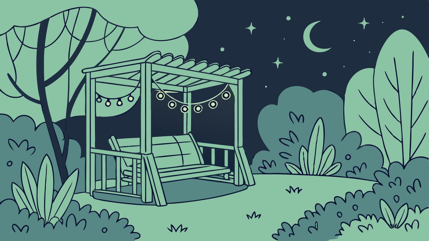 Beautiful backyard seat in green garden at night time with fairy lights. vector