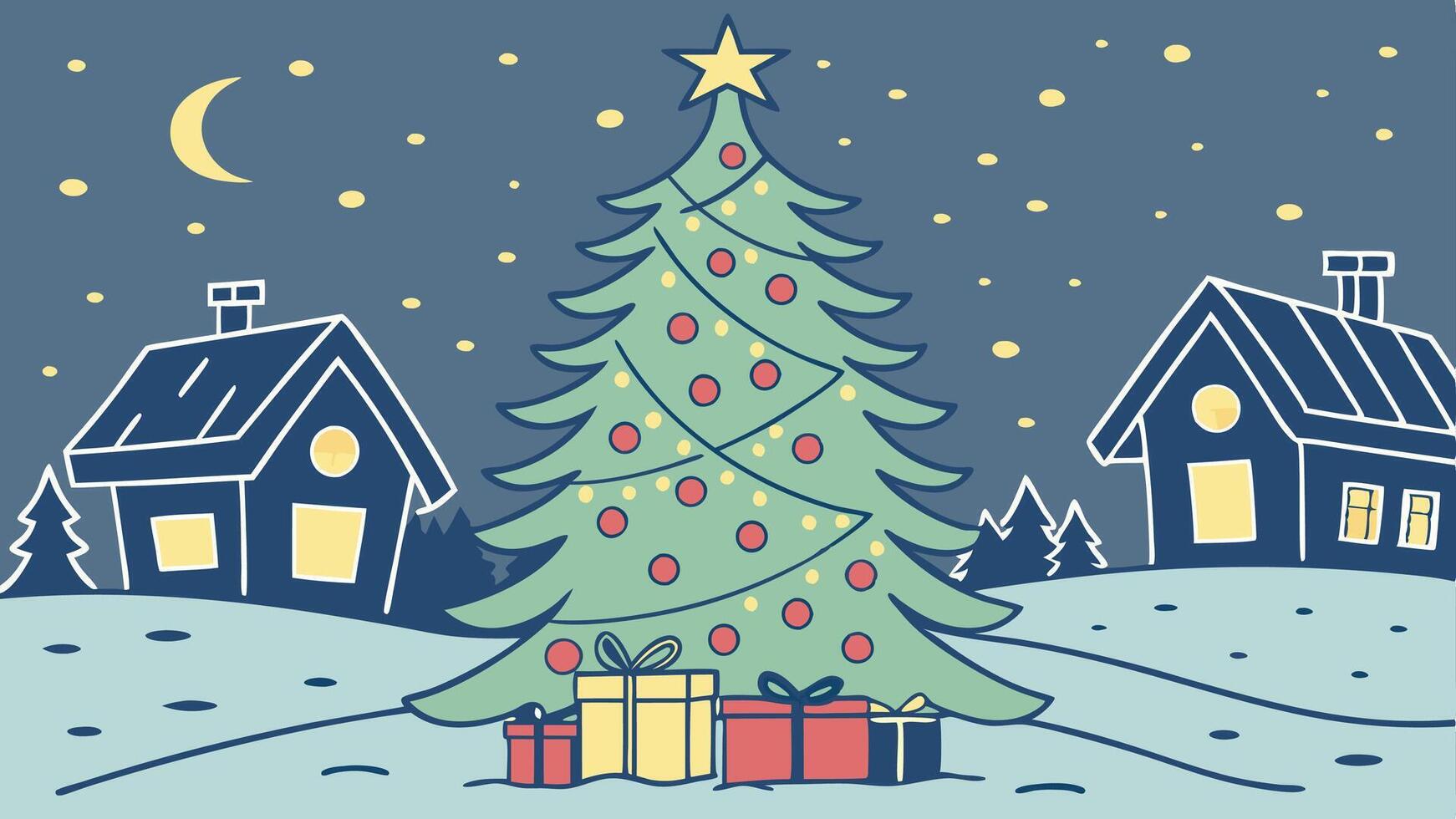 Beautiful christmas card with big christmas tree and presents in snow. night christmas background vector