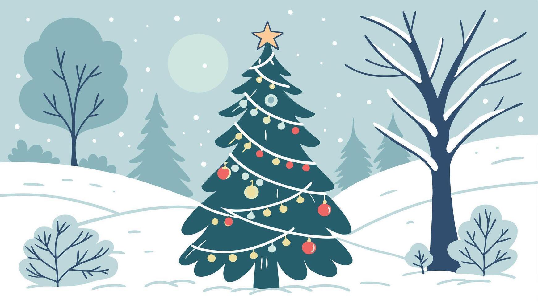 Beautiful decorated snowed in christmas tree in a cold winterlandscape vector