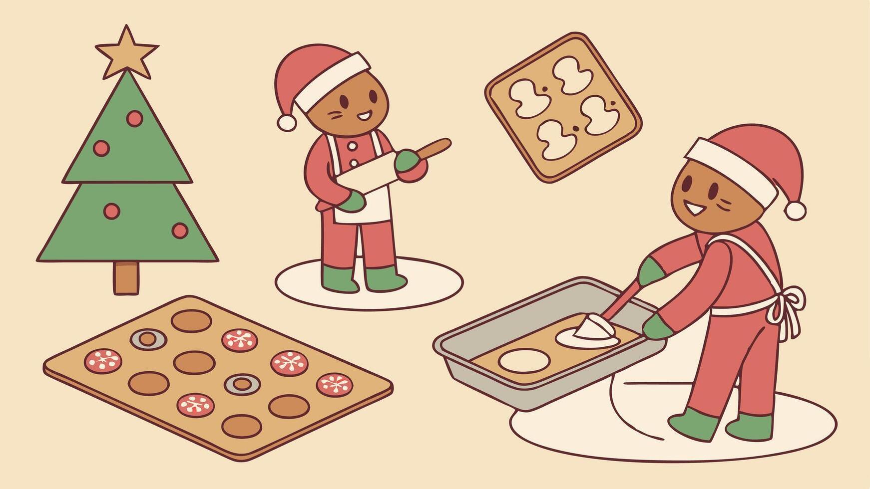 Christmas gingerbread cookies process of baking and decorating gingerbread men vector