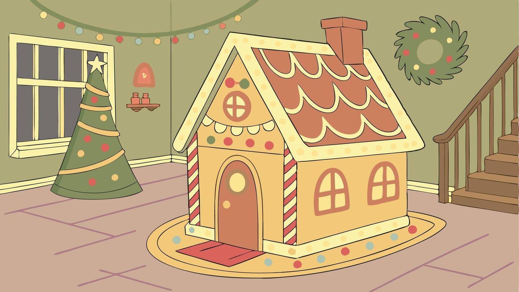 Christmas gingerbread house in a decorated room with highlights. vector