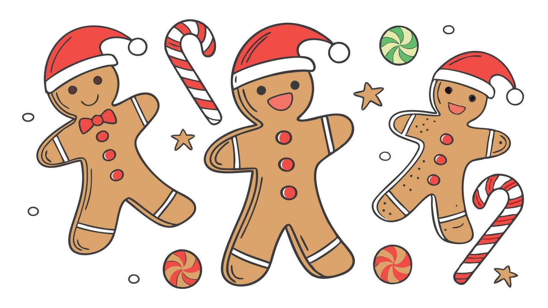Christmas gingerbread man cookies with santa hat and candy. watercolor clipart isolated vector