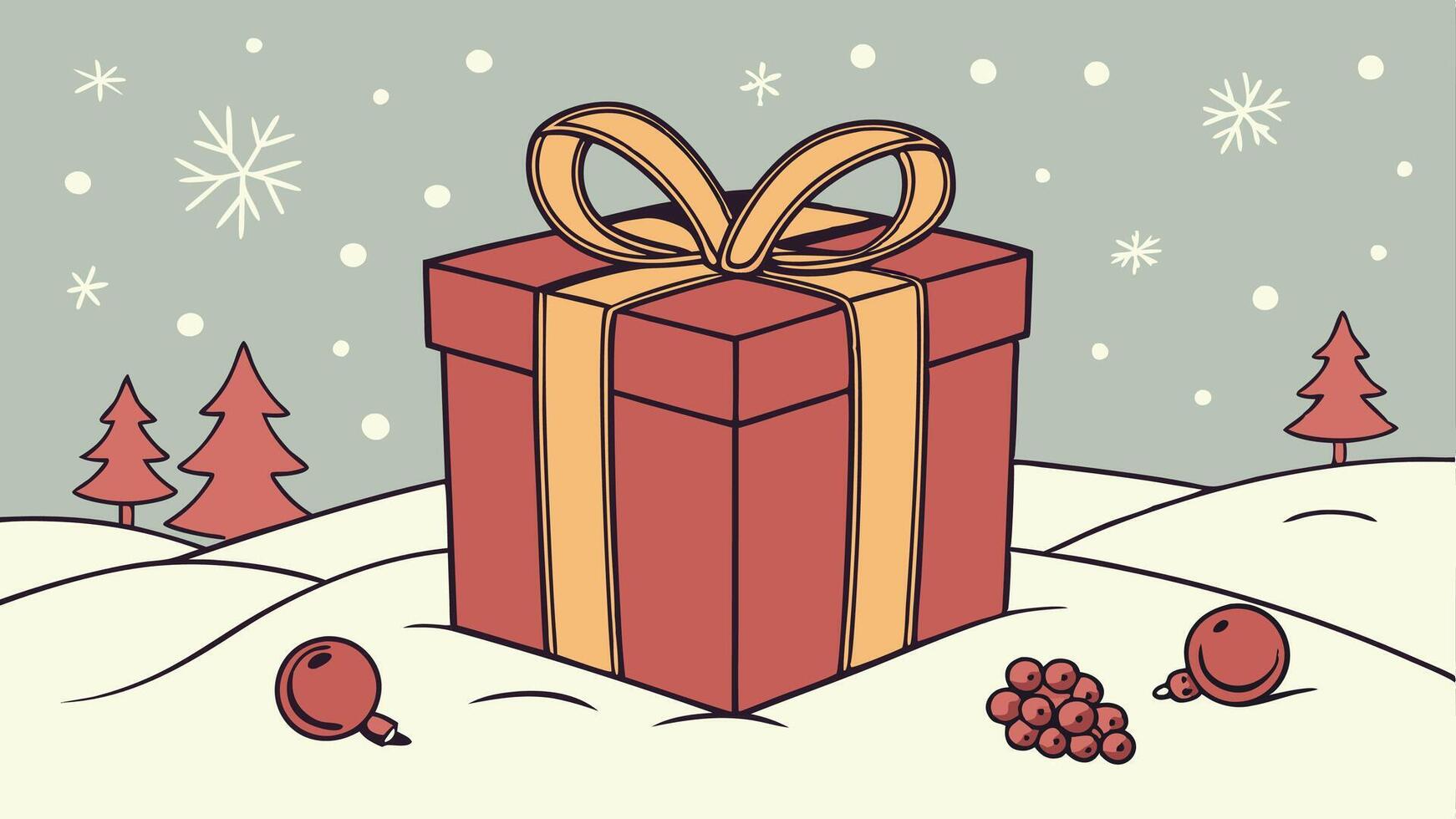 Christmas gift box with ribbon. christmas gift boxes and red decorations on snow. vector