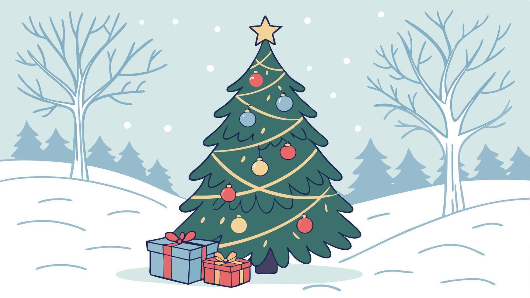 Beautiful decorated christmas tree with present boxes in a winter landscape with snow vector