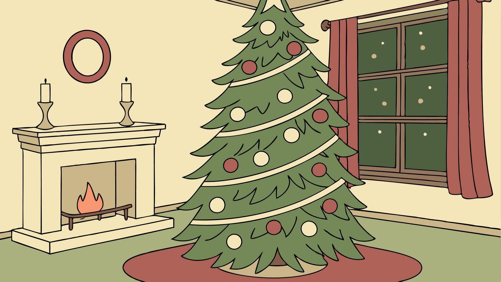 Beautiful green Christmas tree with decorative round balls in a room with a burning fireplace vector