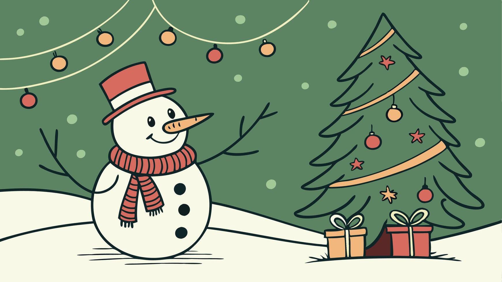 Christmas background with snowman on green background vector