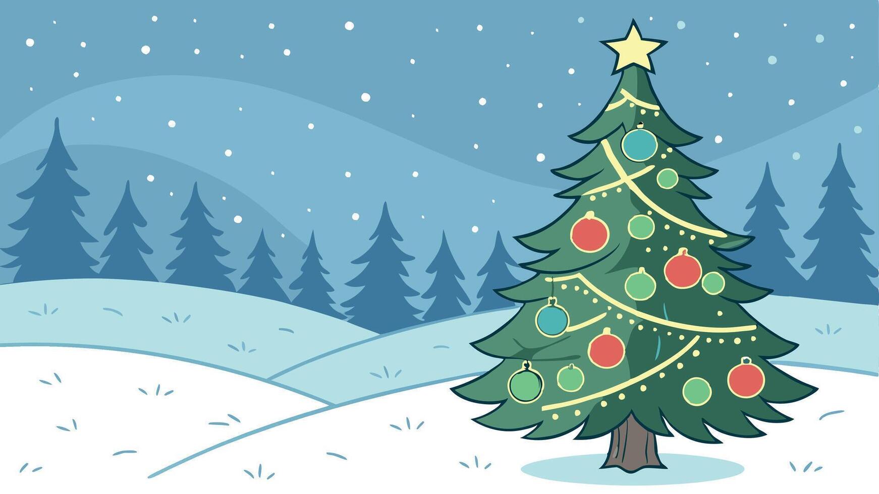 Beautiful Christmas tree in winter landscape. illustration. space for text vector