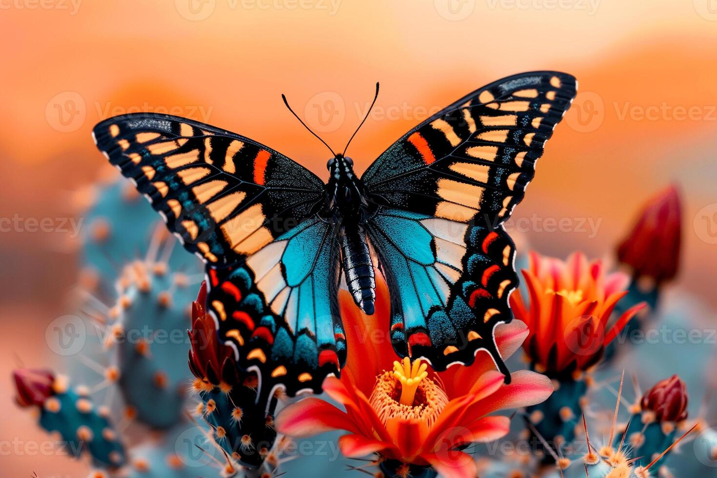 A butterfly is sitting on a cactus flower photo