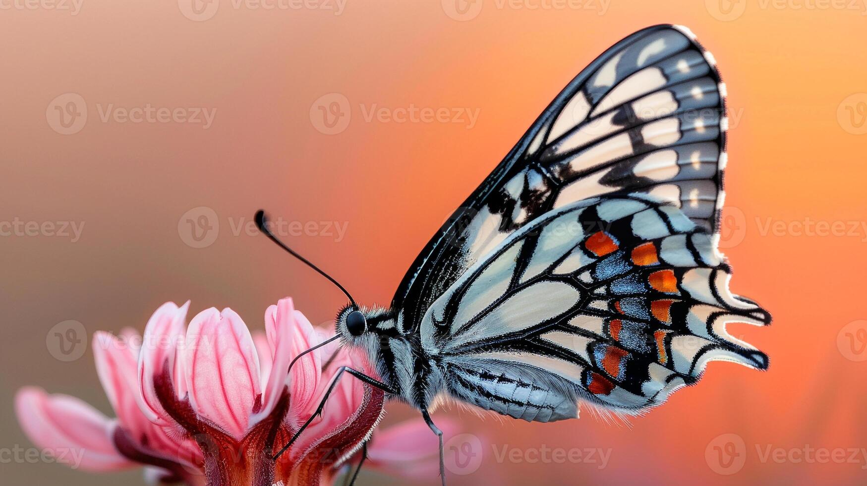 A butterfly is sitting on a pink flower photo