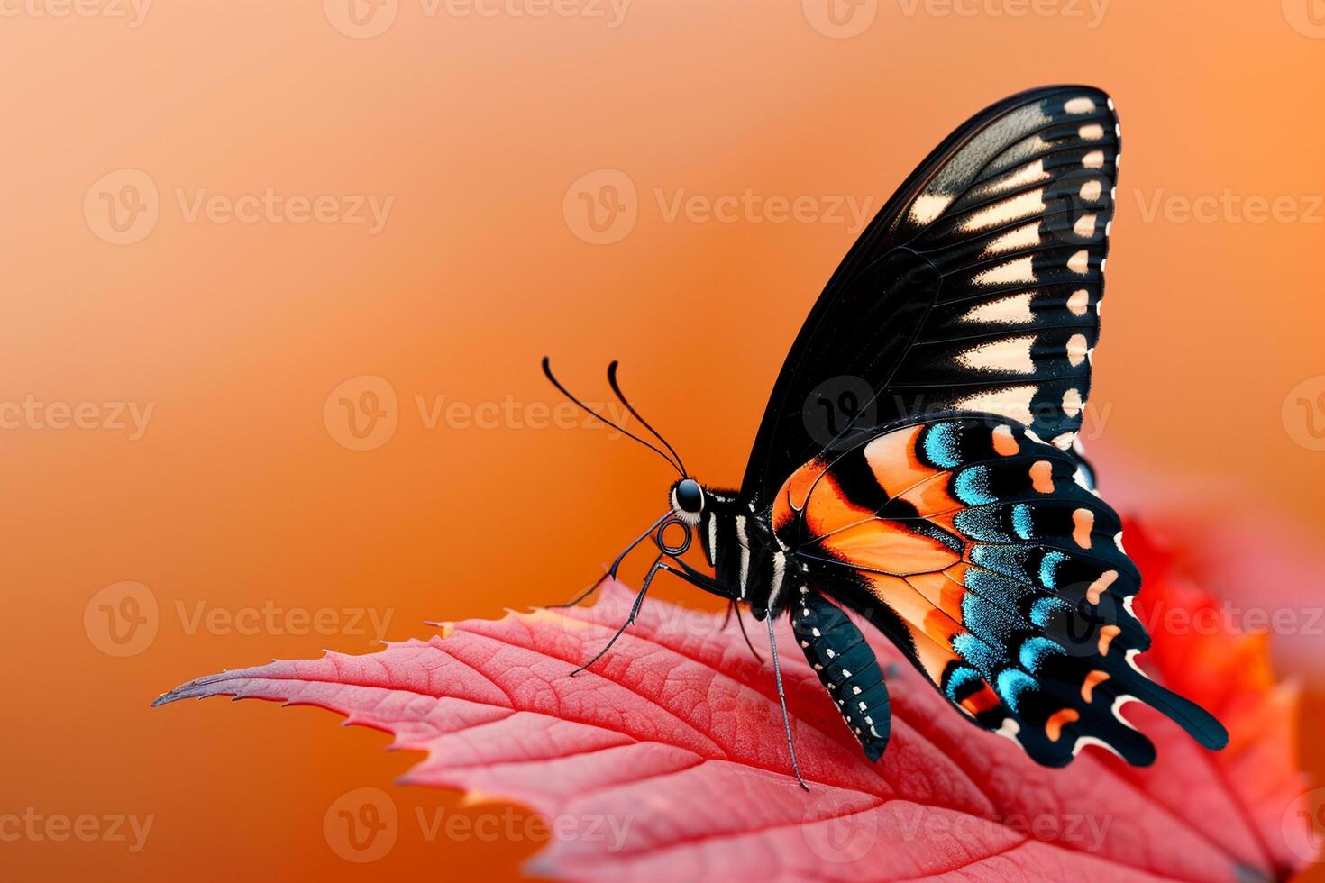 A black and orange butterfly sits on a red leaf photo