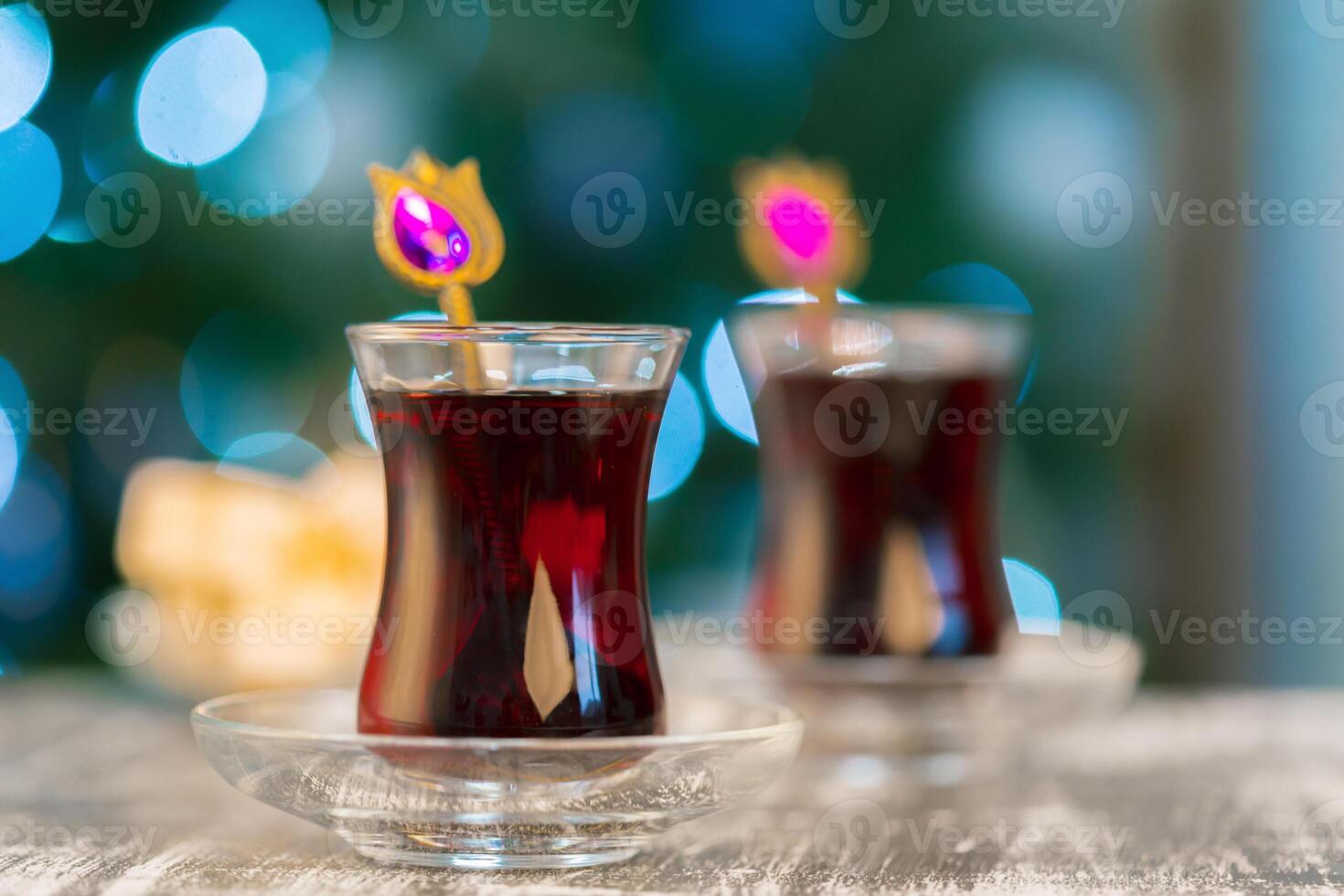 Christmas hot tea, and light bokeh photo