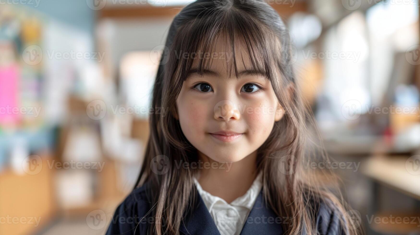 Portrait of cute asian little girl in cafe, shallow depth of field photo