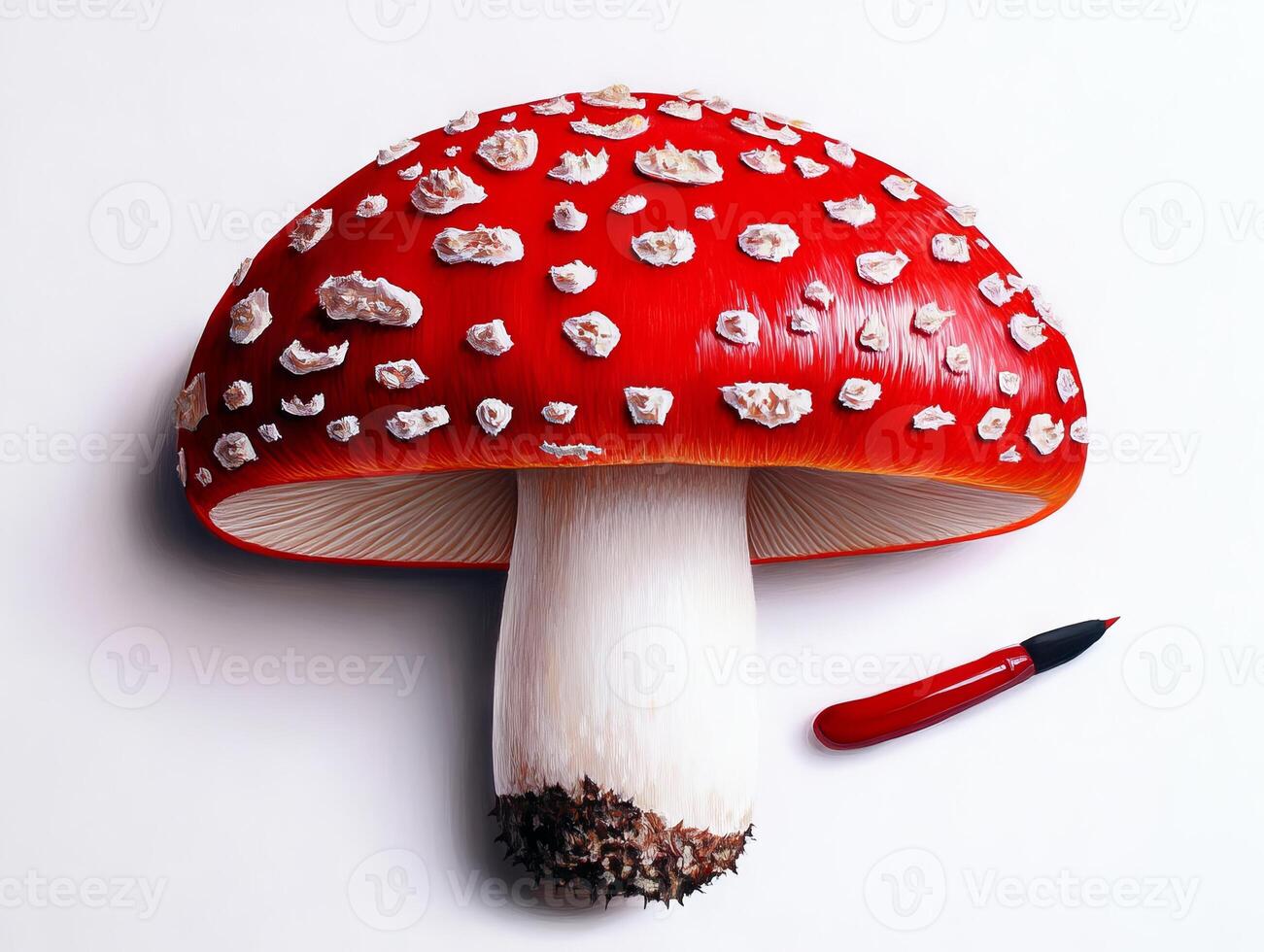 A red and white mushroom with a red pen next to it photo