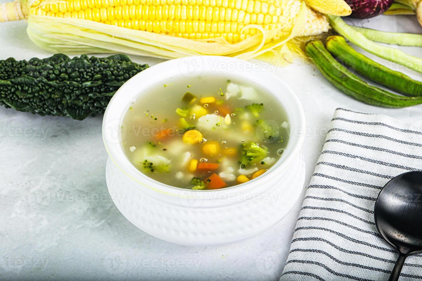 Soup with corn and broccoli photo