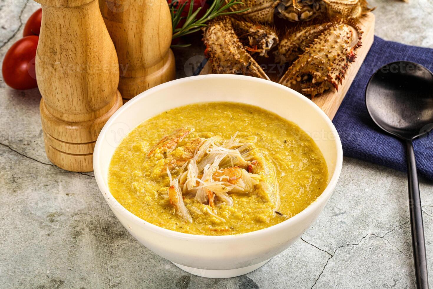 Corn cream soup with crab photo