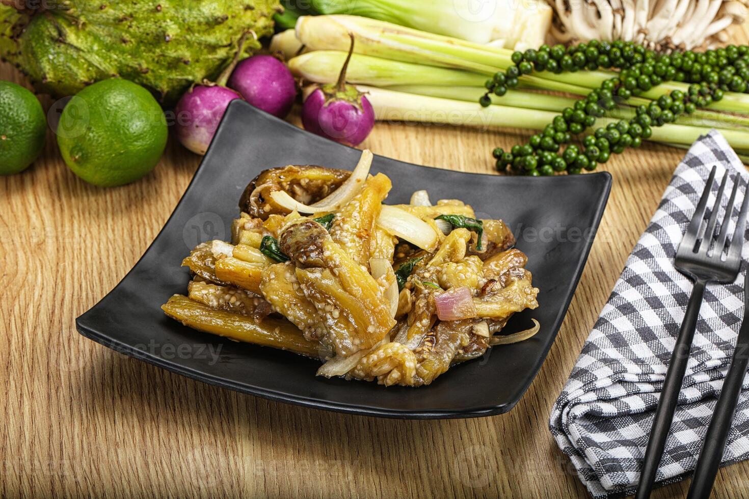 Roasted Thai eggplant with onion photo