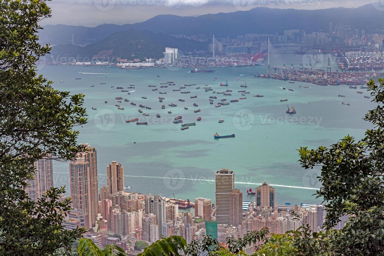 Aerial view of cargo ships anchored near Hong Kong port, with urban skyline and mountains in the background photo