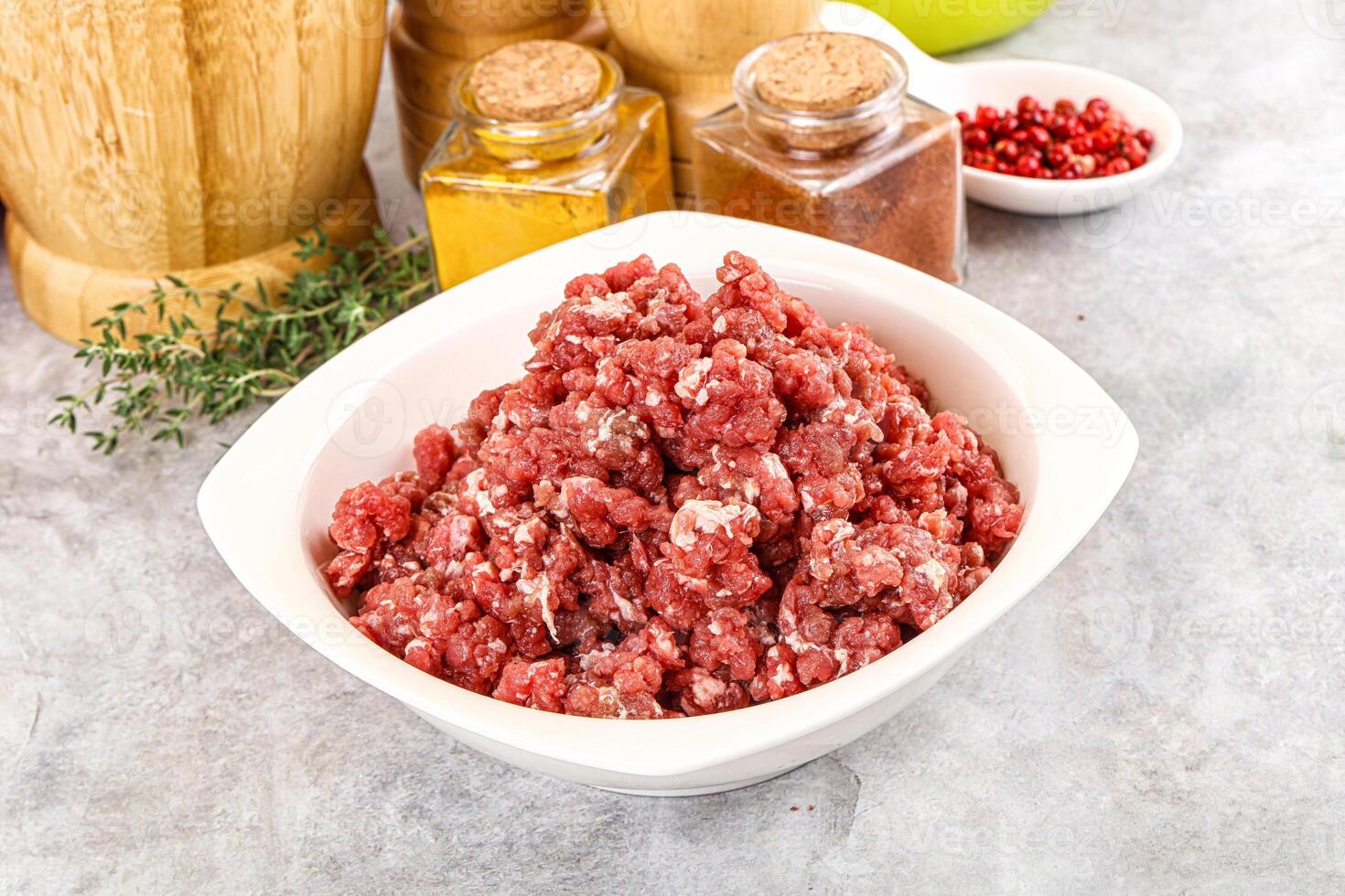 Raw beef minced meat for cooking photo
