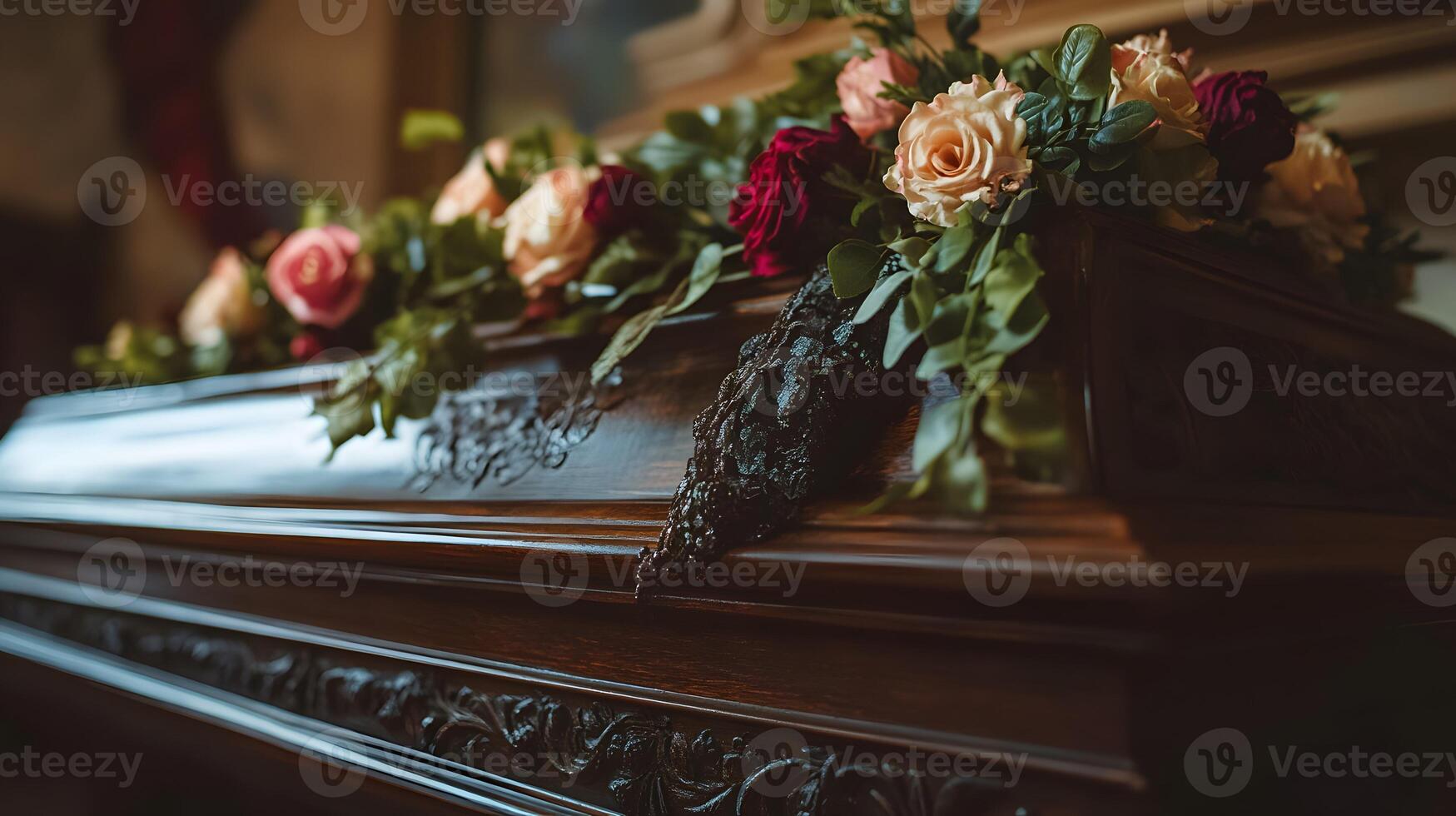 Close-up of a coffin with an elegant flower arrangement, symbolizing respect and remembrance, perfect for a funeral or memorial service. photo