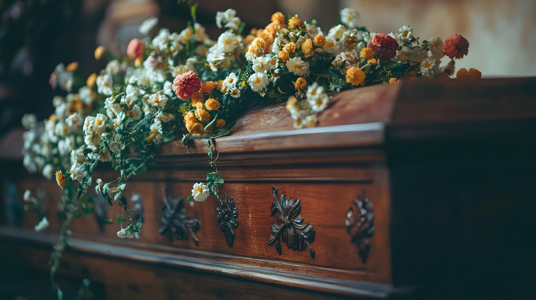 Close-up of a coffin adorned with a beautiful flower arrangement, symbolizing respect, love, and farewell during a funeral service. photo