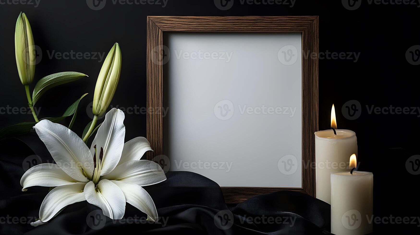 A black photo frame with a burning candle and a white lily on a table in a funeral home, symbolizing grief, remembrance, and a heartfelt tribute to the departed.