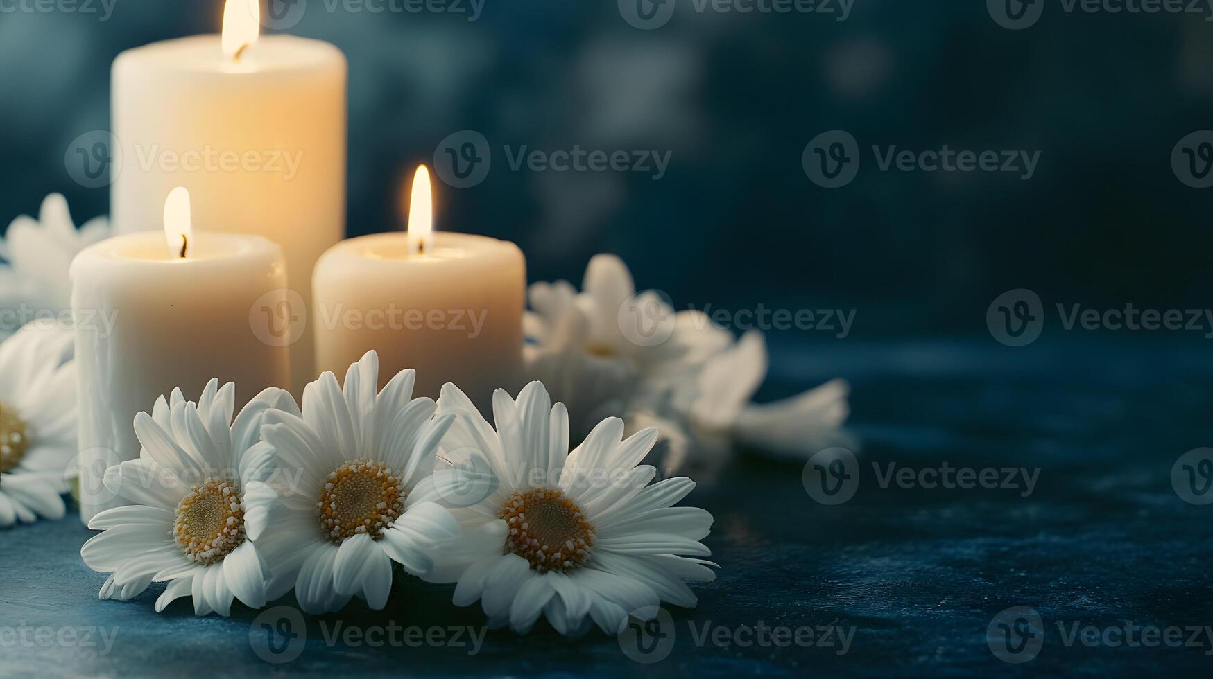 A tranquil condolence background featuring lit white candles and fresh white daisies on a textured grey surface, symbolizing remembrance, peace, and solemn reflection. photo
