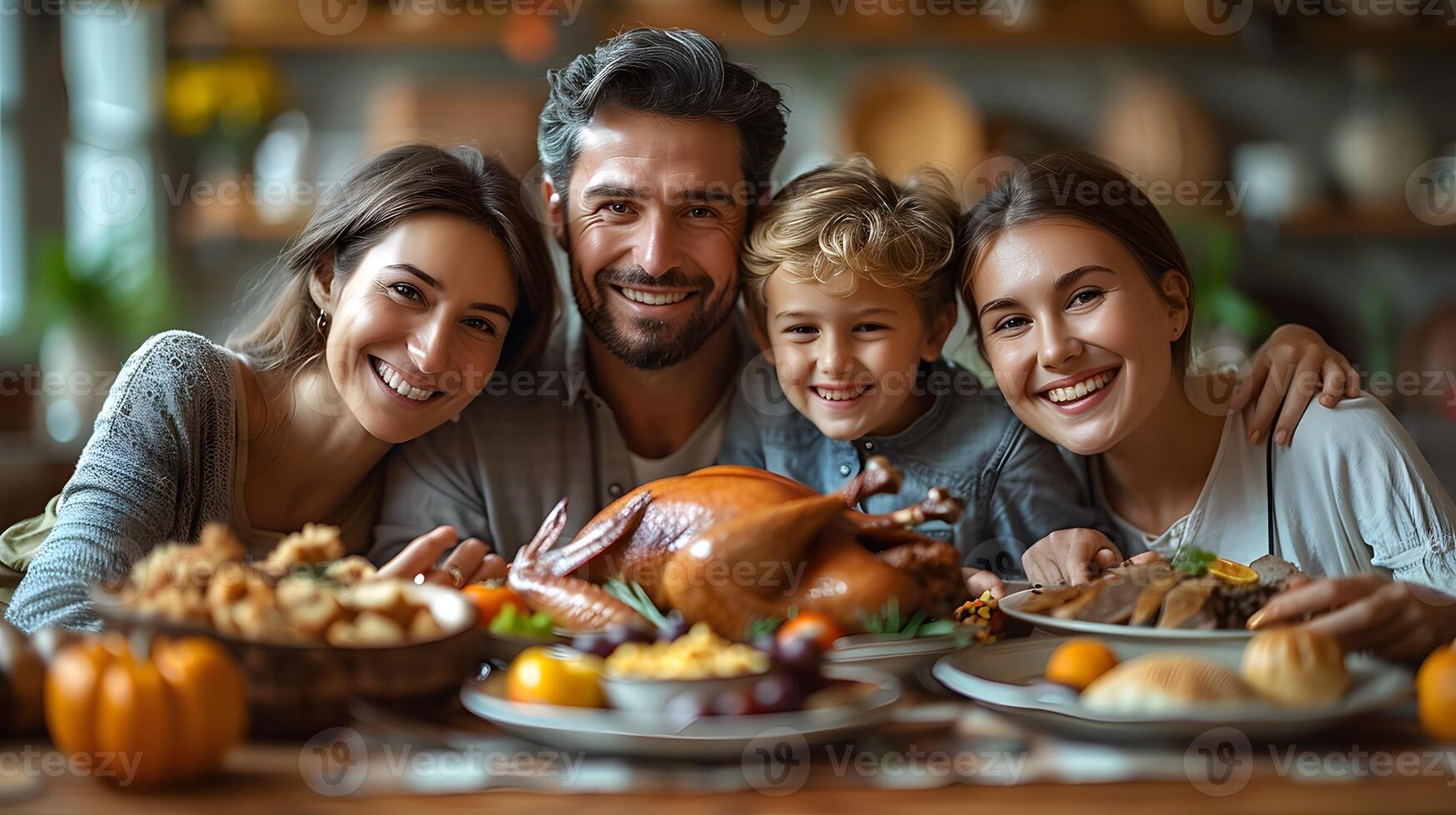 A warm Thanksgiving family dinner, featuring a bountiful feast with seasonal decor, bringing loved ones together around a beautifully set table for a festive celebration. photo