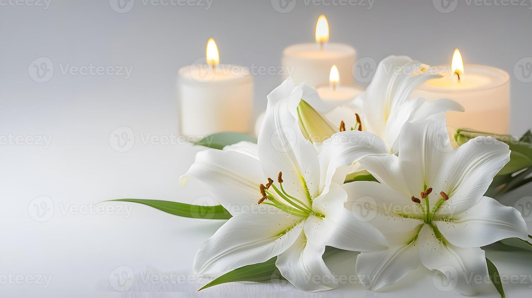 A solemn arrangement featuring a funeral lily and candles on a white background, with space for text, ideal for a memorial service announcement or tribute. photo