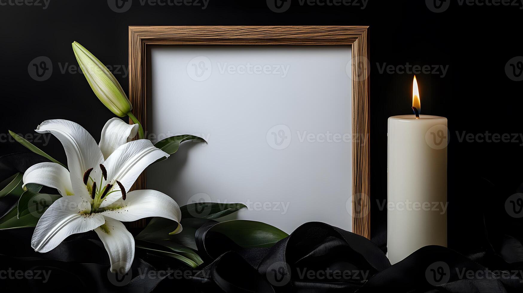 A black photo frame with a burning candle and a white lily on a table in a funeral home, symbolizing grief, remembrance, and honoring the departed.