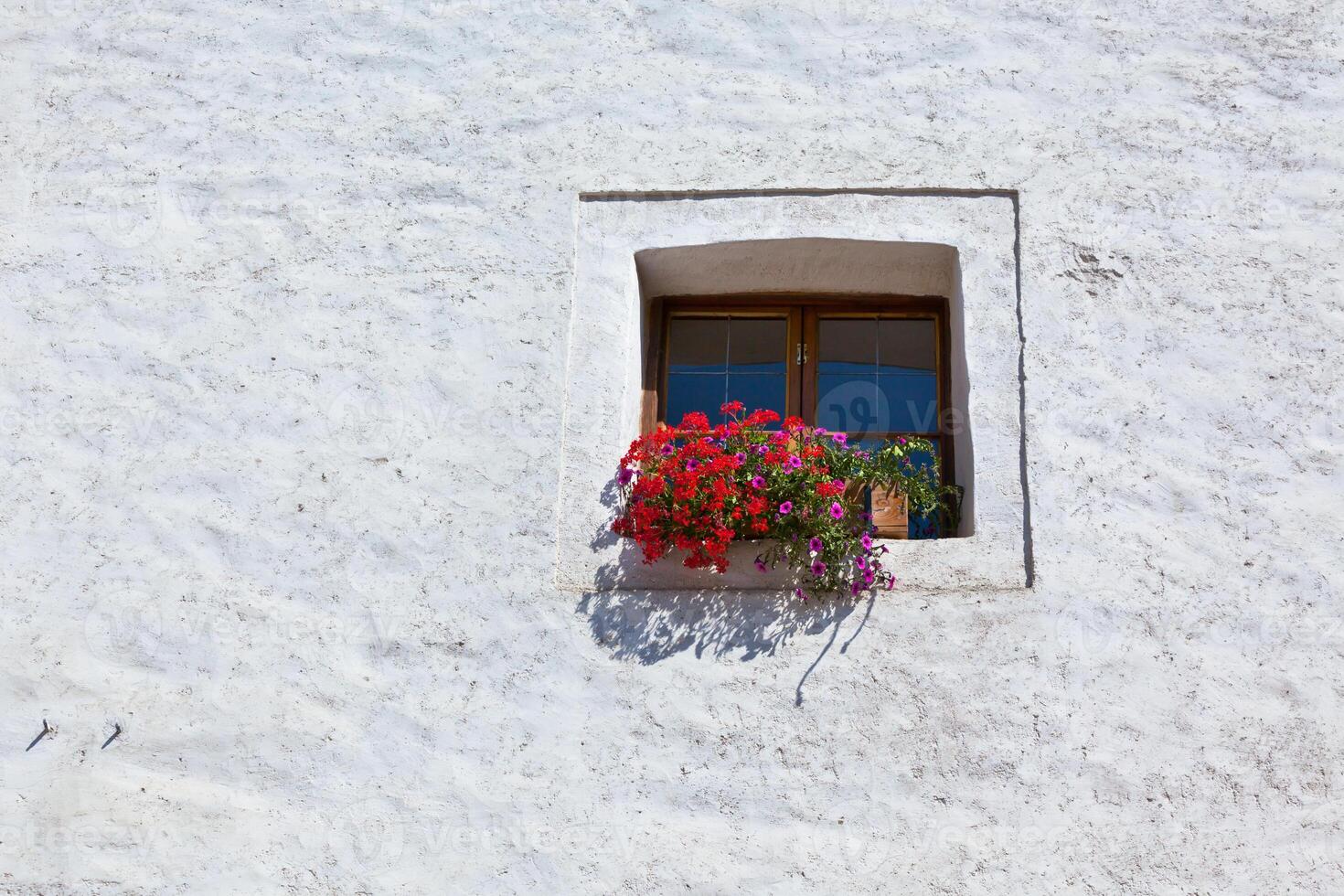 Window with colorful flowers on a white wall photo
