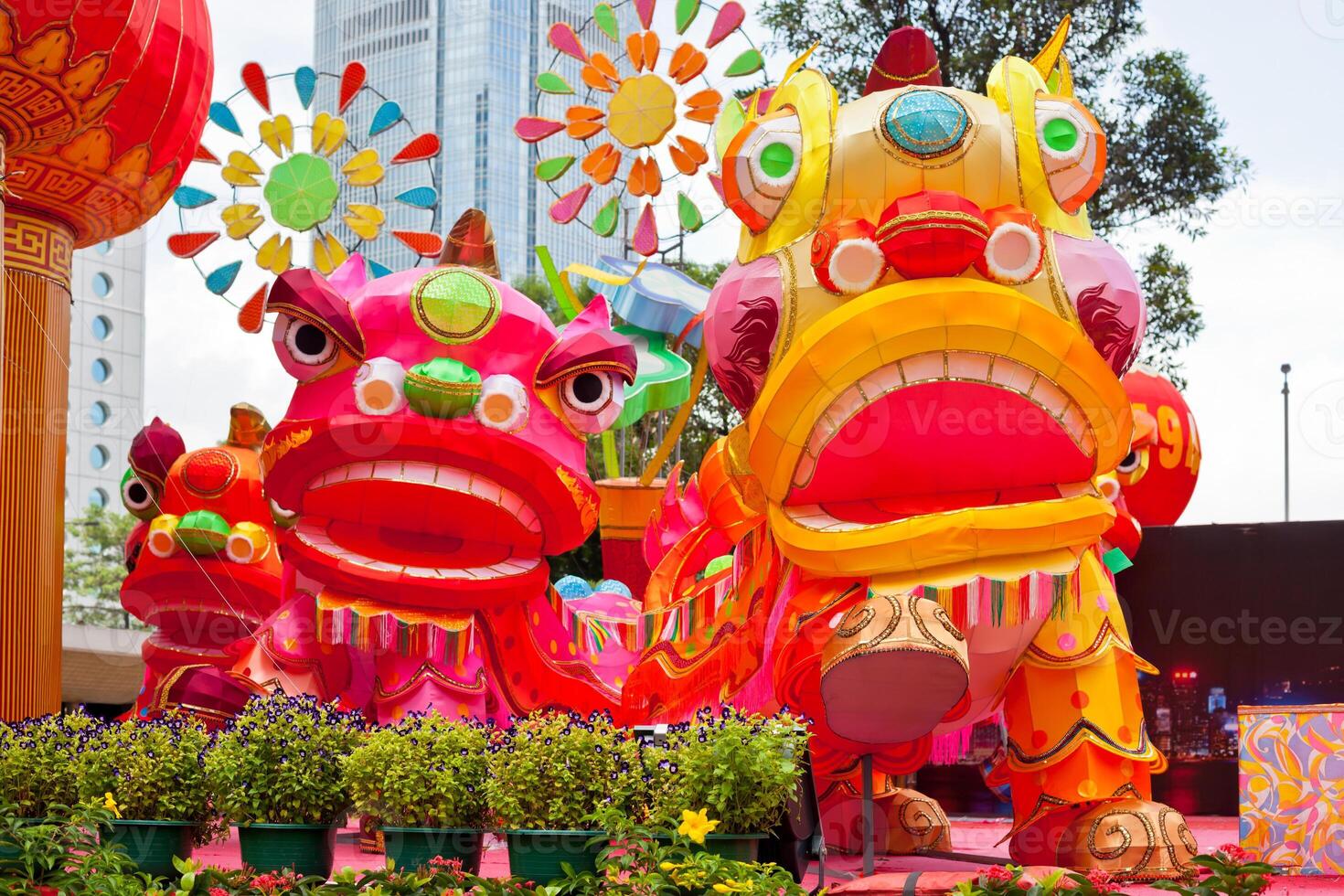 Park with traditional decoration dragon for chinese holiday photo