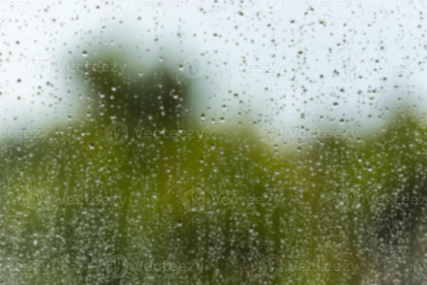 Rain water drops on a window glass defocused photo