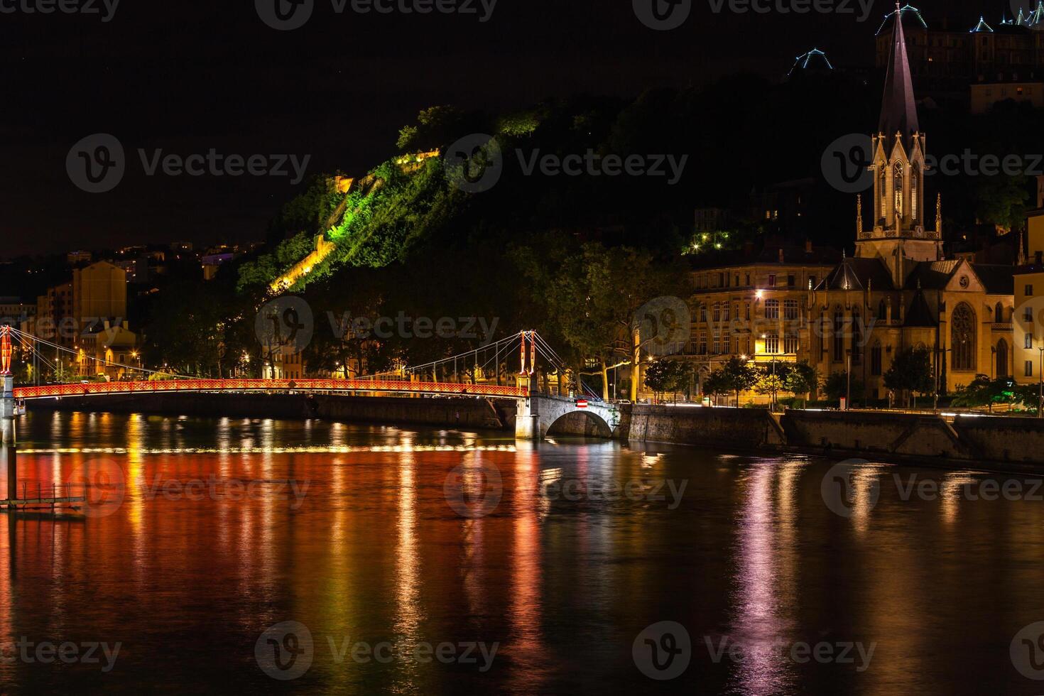 Cityscape of Lyon, France at night photo