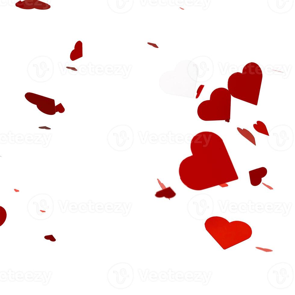 Heart shaped red confetti overlay on white background photo