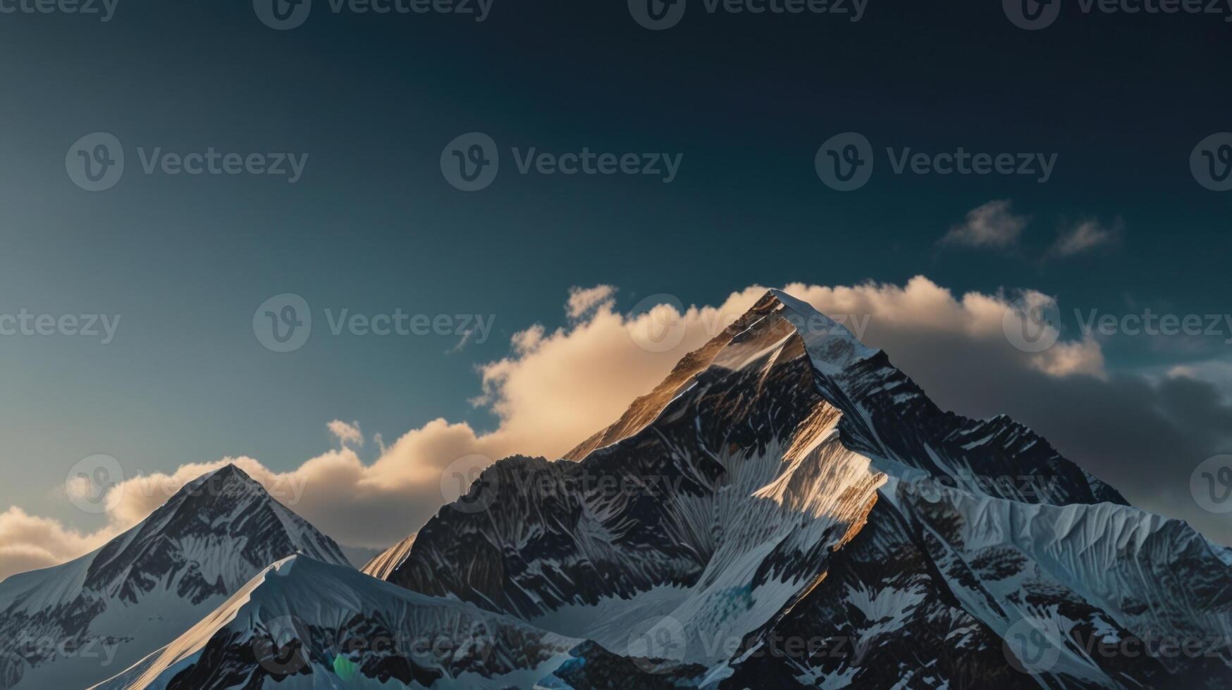 A mountain range with snow covered peaks photo