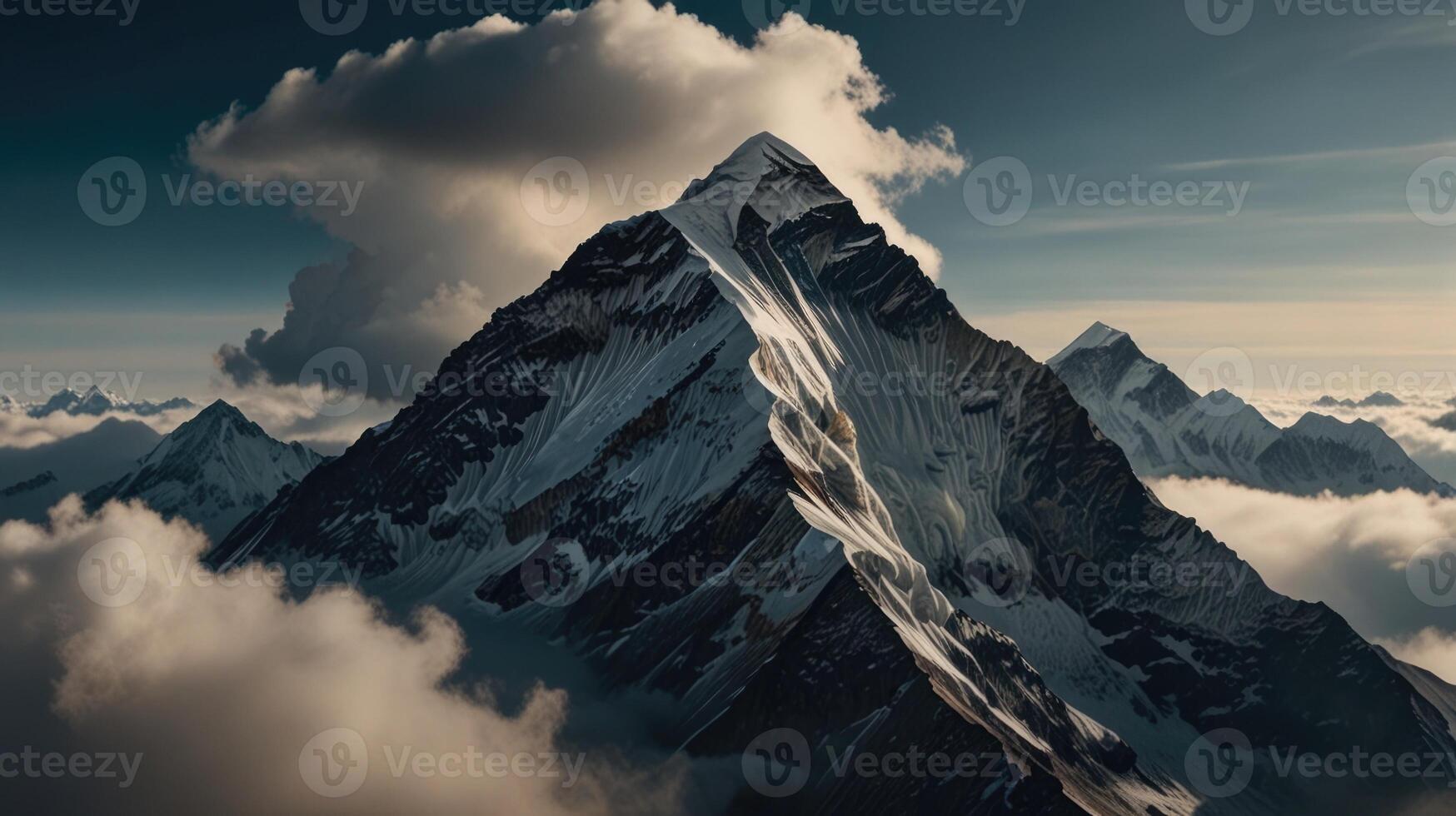 A mountain peak is seen in the clouds photo