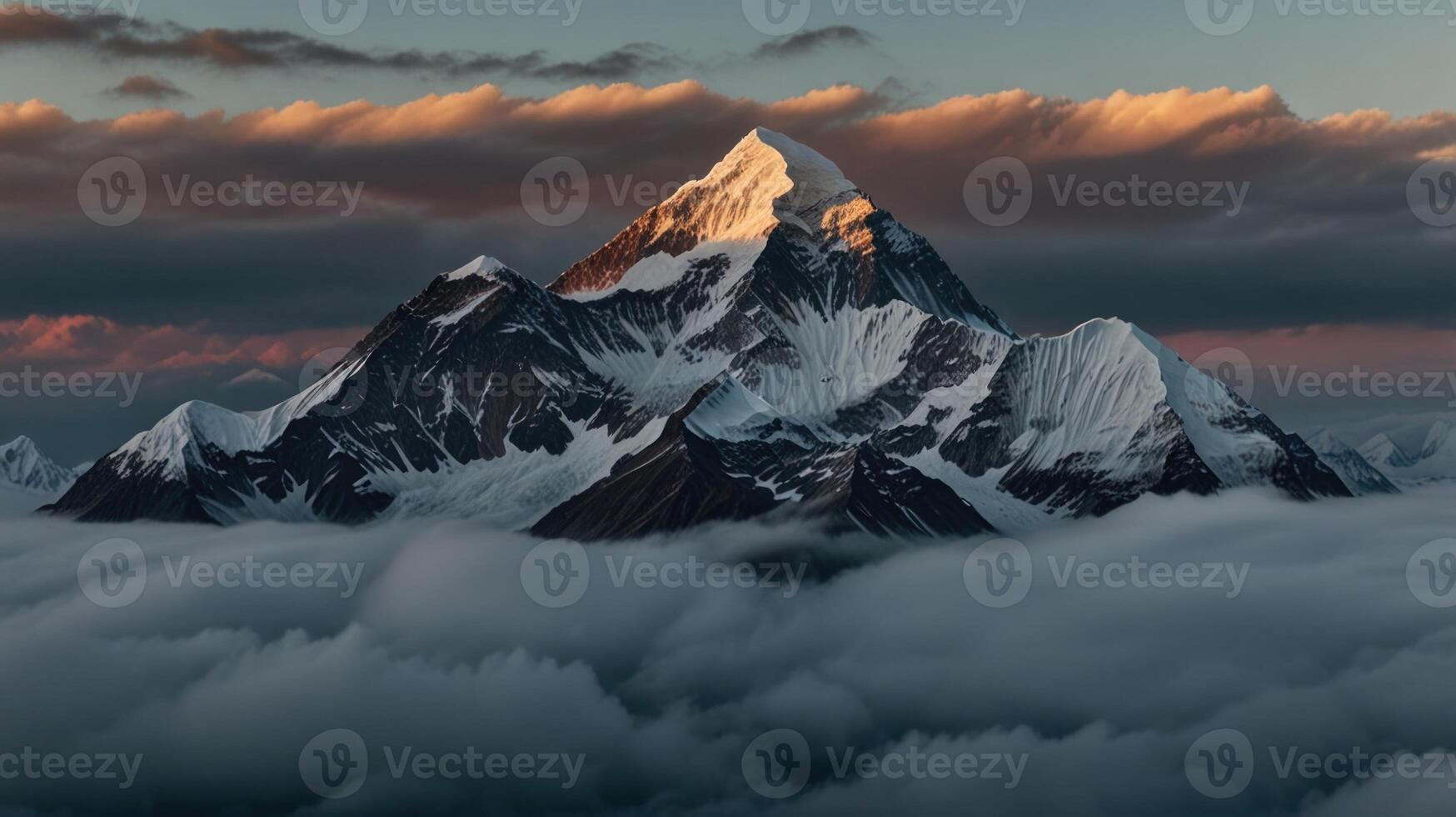 A mountain is seen in the clouds with clouds above it photo