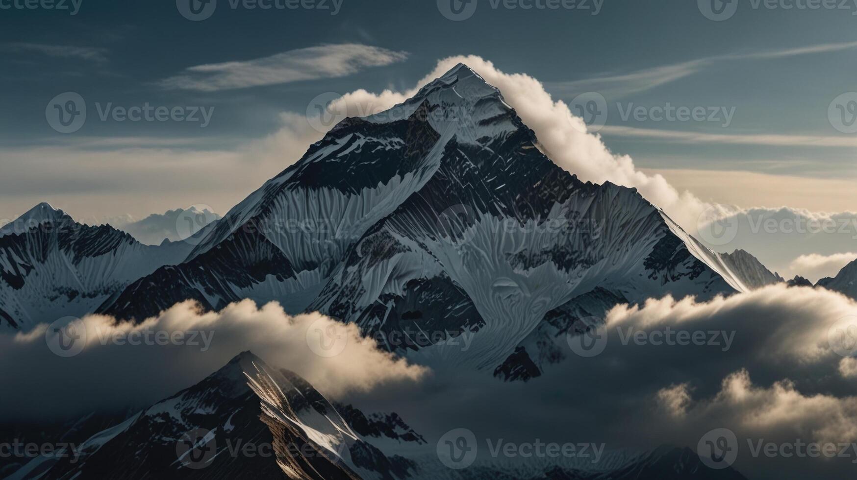 A mountain is shown in the clouds with a sun shining photo