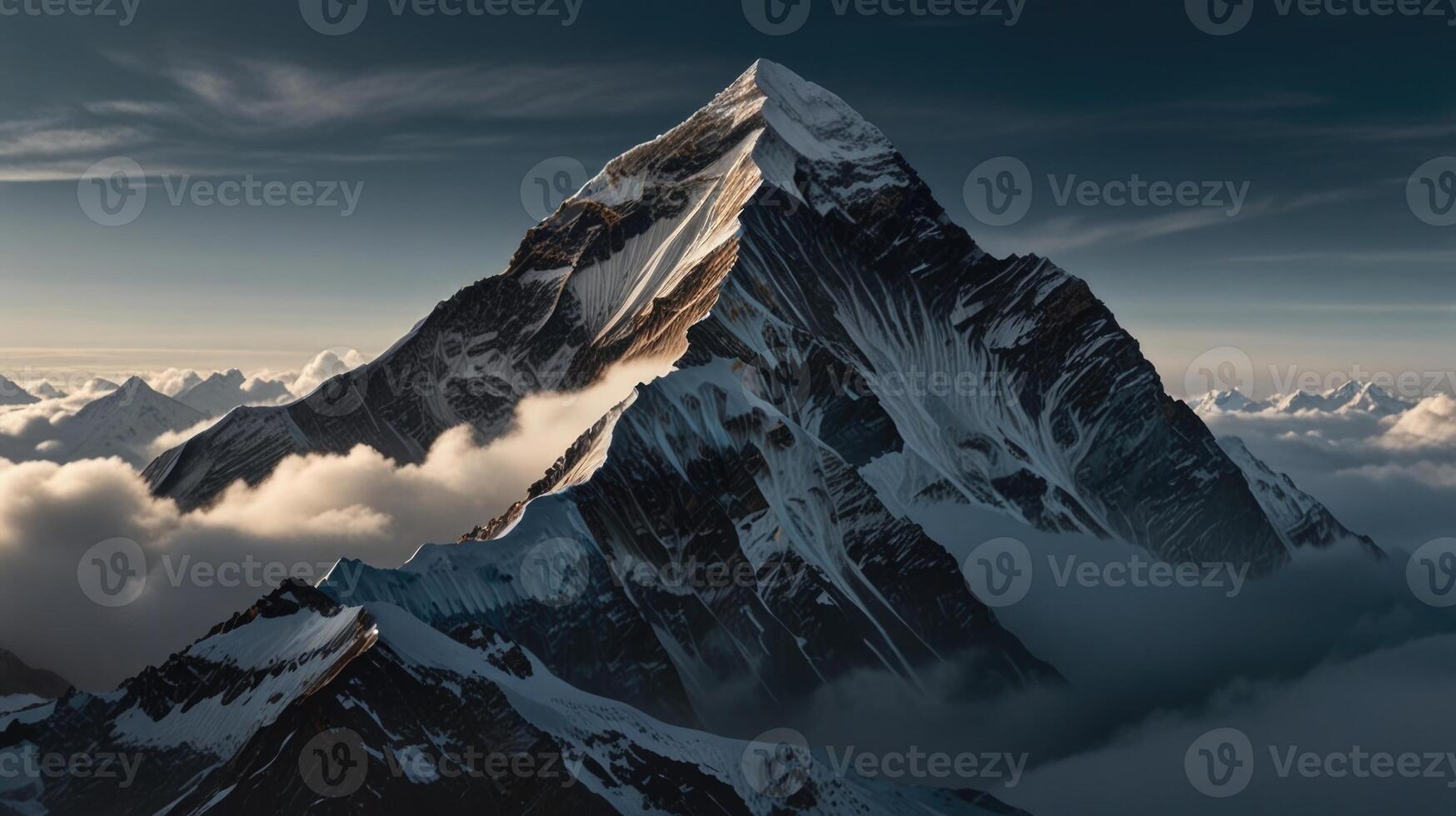 A mountain peak is seen in the clouds photo
