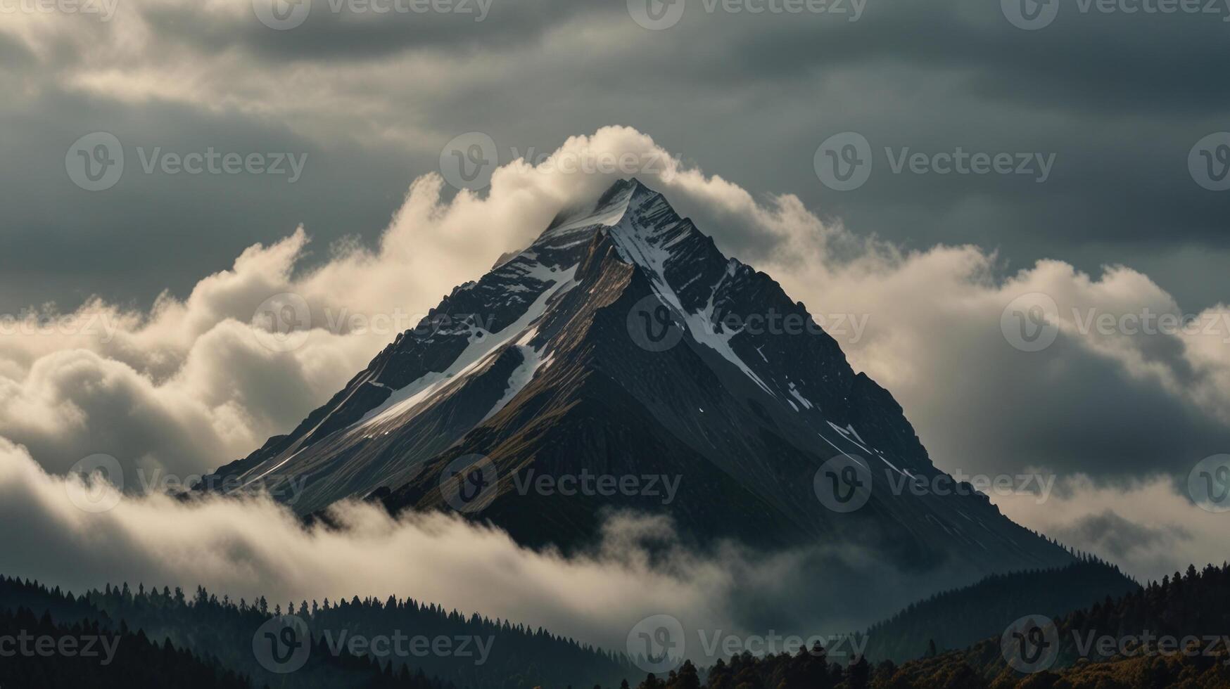 A mountain is covered in clouds and trees photo